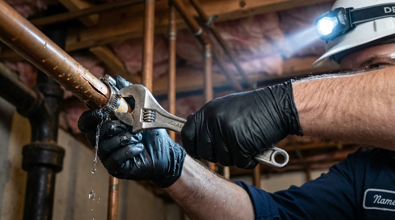 Emergency pipe clamp repair being performed by a Johns Plumbing LLC plumber in Gardendale