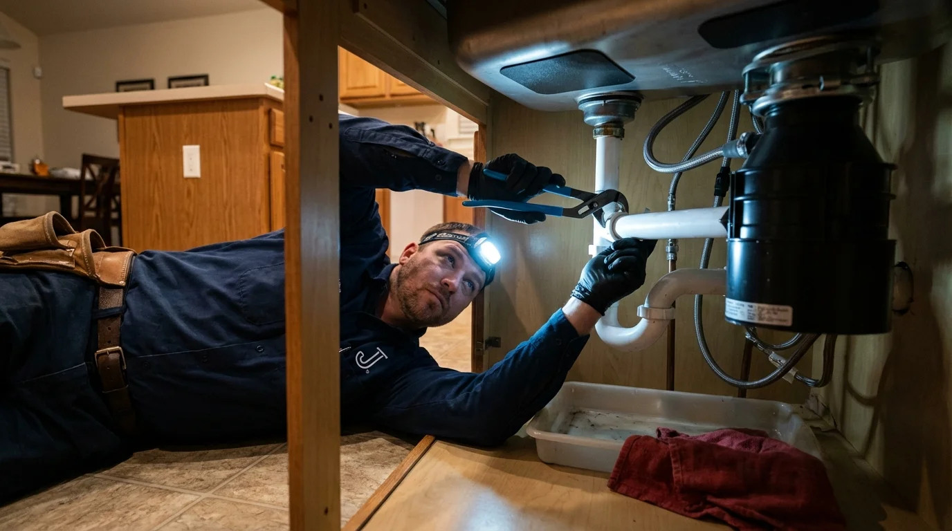 P-trap and supply line connections under a kitchen sink showing a common leak point in Gardendale, AL